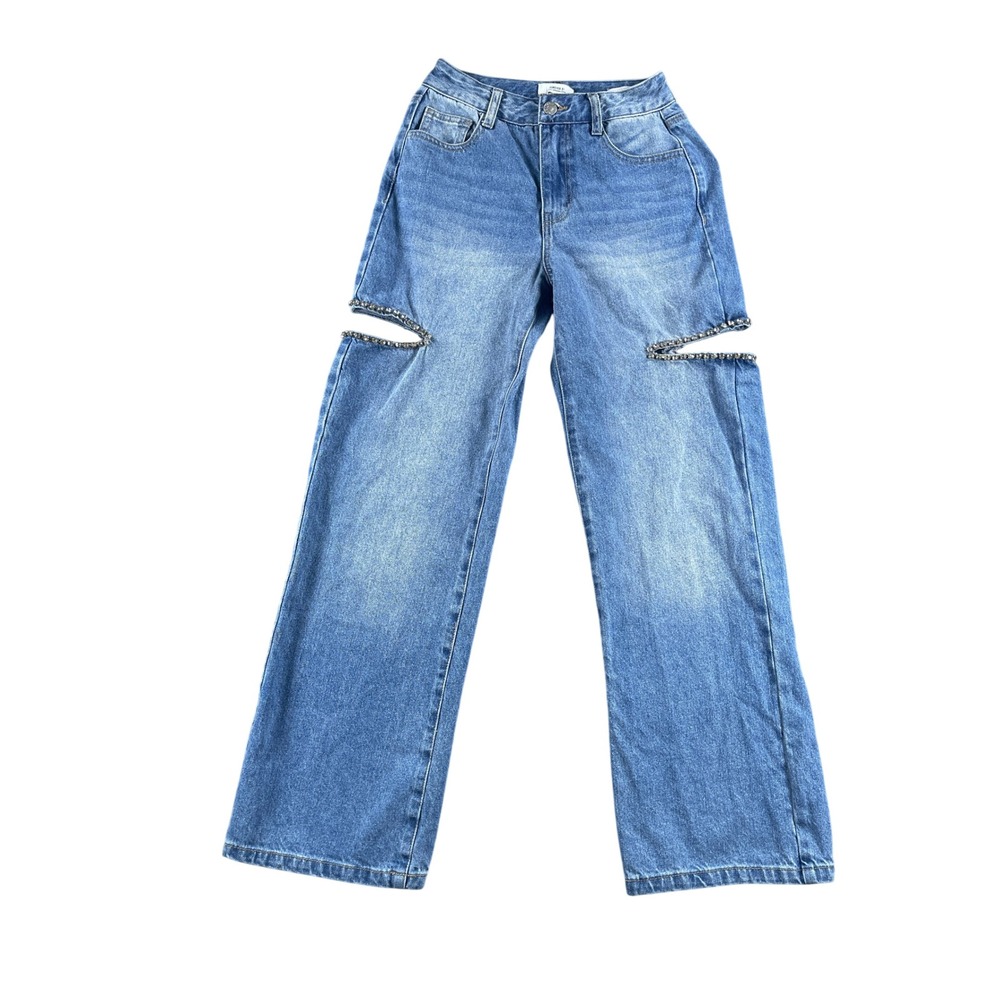 Forever 21 Premium 90s Fit Cutout Rhinestone Straight Leg Jeans Blue Denim 24